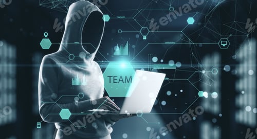 Preview: Hacker Holding Laptop With Business Report. Team And Device Concept.