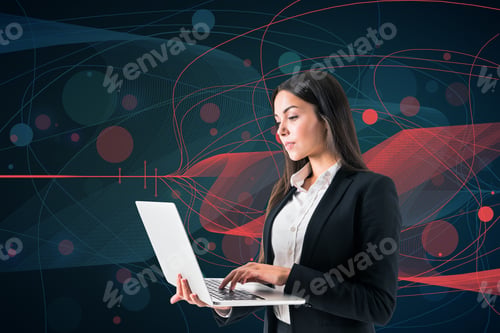 Preview: Attractive Young European Businesswoman Using Laptop On Creative Big Data Background. Technology