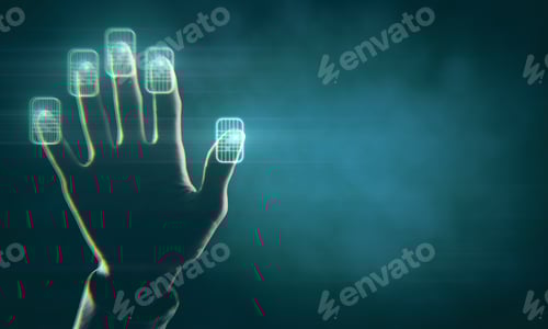 Preview: Hand Using Abstract Finger Scanning Interface On Smoky Background. Future And Password Concept