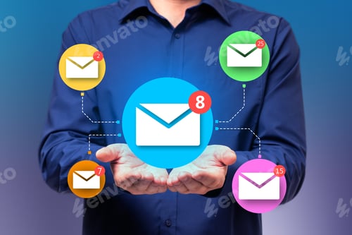 Preview: Close Up Of Businessman Hand Holding Abstract Email Network On Blue Wall Background. Social