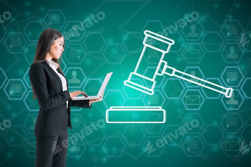 Preview: Attractive Young European Businesswoman Holding Laptop With Creative Digital Gavel On Blue