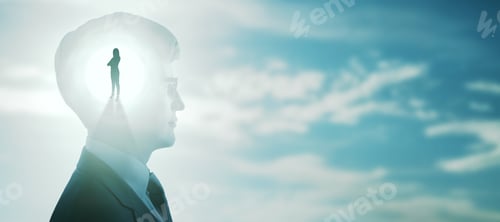Preview: Businessperson Thinking About Businesswoman On Abstract Sky Background With Mock Up Place. Double