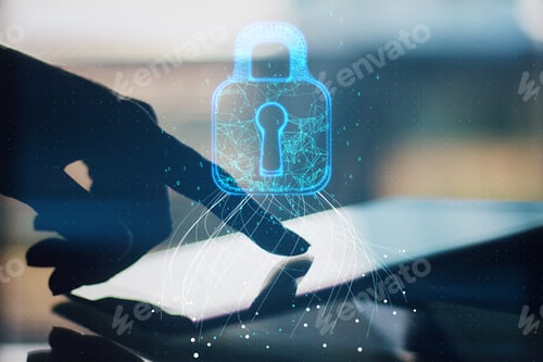 Preview: Close Up Of Hand Using Tablet With Glowing Blue Padlock Hud On Blurry Background. Safety, Web