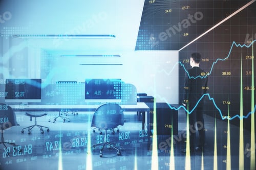 Preview: Businessman Standnig On Blurry Office Interior With Stock Chart Hologram. Success And Trade