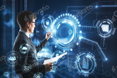 Preview: Businessman With Digital Business Interface. Innovation And Technology Concept. Double Exposure