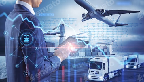 Preview: Close Up Of Businessman Hand Holding Tablet Or Smartphone With Abstract Glowing Shipping Hologram