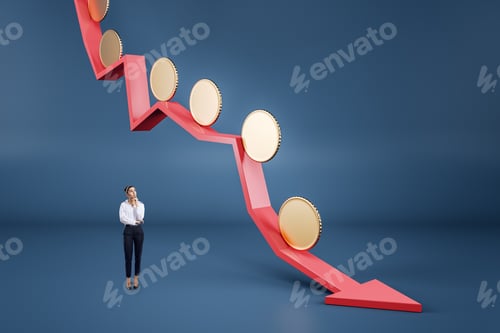 Preview: Attractive Thoughtful Young Businesswoman With Abstract Falling Red Arrow With Empty Golden Coins