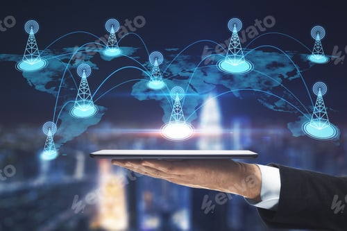 Preview: Hand Holding Tablet With Creative Glowing Digital Map With Location Pins On Blurry City Background