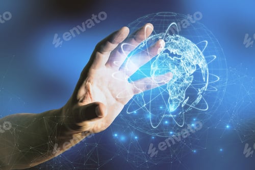 Preview: Close Up Of Businessman Hand Holding Abstract Glowing Globe Hologram On Blurry Blue Background
