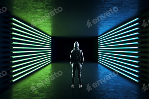 Preview: Back View Of Person In Hoodie Standing In Abstract Neon Room Interior With Lamps. Design And Style