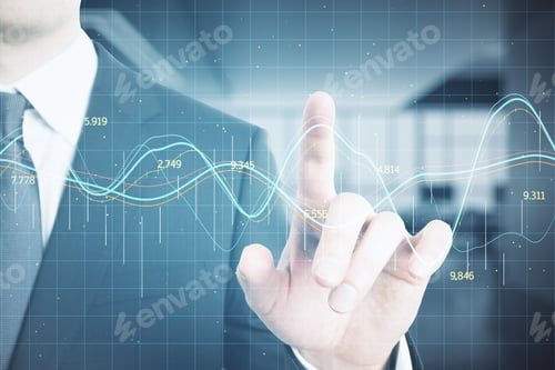 Preview: Businessman Pointing Drawing Stock Statistics Hologram. Business And Financial Success Concept