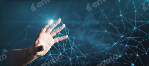 Preview: Businessman Touching An Abstract Cloud With His Fingers On A Dark Background, Technology And