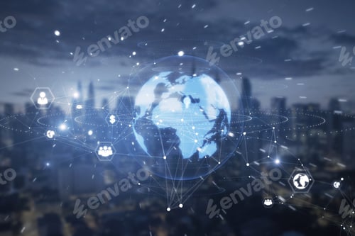 Preview: Creative Bright Globe Interface With Various Business Icons And Connections On Blurry City