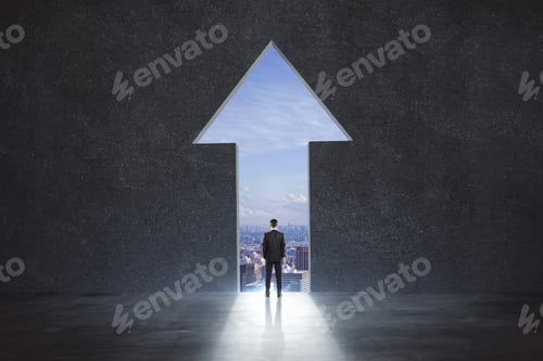 Preview: Right Solution Concept With Businessman Standing In Arrow Exit And Looking At City Skyscrapers