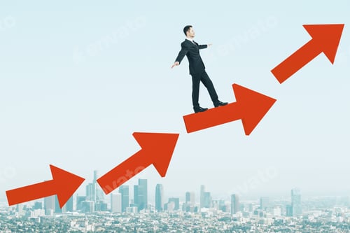 Preview: Success, Growth And Economy Concept. Side View Of Young Businessman Walking On Arrows On Sky