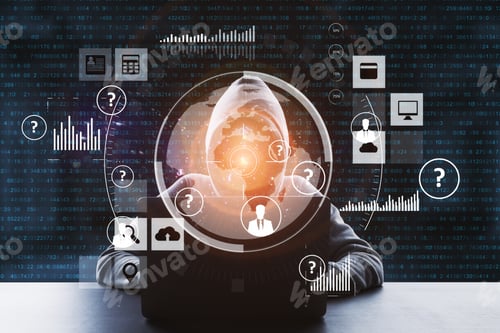 Preview: Hacker Using Digital Business Interface In Interior. Hacking And Cyber Attack Concept. Multiexposure