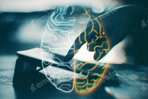 Preview: Close Up Of Hand Using Tablet With Circuit Brain On Blurry Background. Ai And Technology Concept