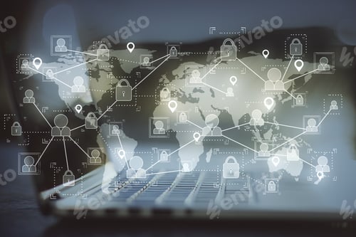 Preview: Laptop With Remote Work And Social Media Network Hologram. Communication And Remote Work Concept