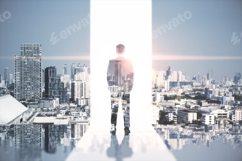 Preview: Abstract Image Of Man Standing On City Background. Success, Growth And Future Concept. Double