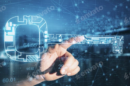Preview: Hand Using Glowing Circuit Key Hologram On City Background. Safety And Security Concept