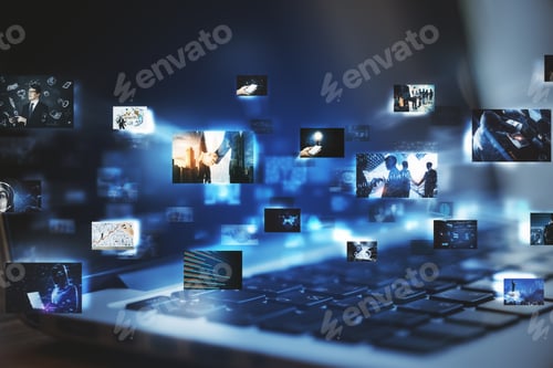 Preview: Close Up Of Laptop With Digital Pictures On Blurry Dark Background. Media Photo Gallery Background