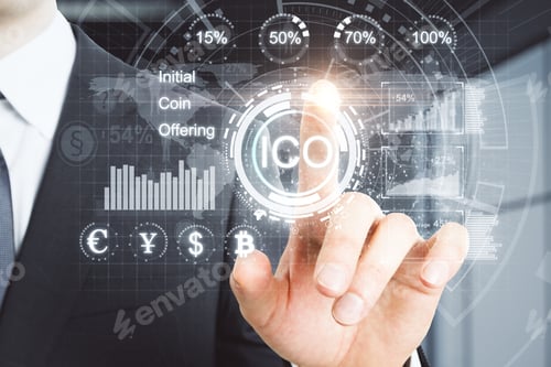 Preview: Cryptocurrency, Cryptography And Ico Concept. Businessman Hand With Abstract Digital Hologram On