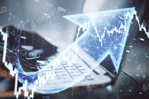 Preview: Businessman Hands Typing On Keyboard Laptop With Business Chart And Polygonal Arrow Hologram