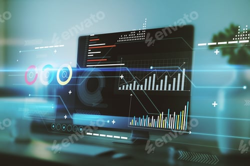 Preview: Digital Business Chart Interface On Blurry Office Interior Background With Computer Monitor On