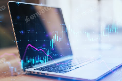 Preview: Close Up Of Laptop With Glowing Forex Chart On Blurry Background. Fintech, Digital Transformation