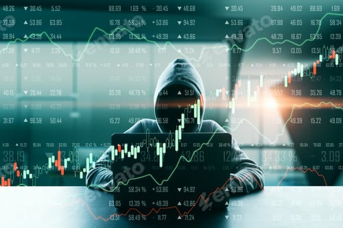 Preview: Hacker In Hoodie Using Laptop With Glowing Forex Chart In Blurry Office Interior. Malware And