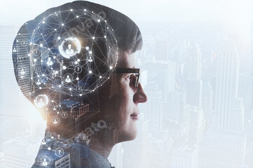 Preview: Businessman With Business Interface On White City Background With Copy Space. Technology Concept