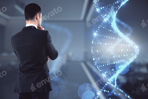 Preview: Businessman Thinking On Dna Background, Biotechnology Concept