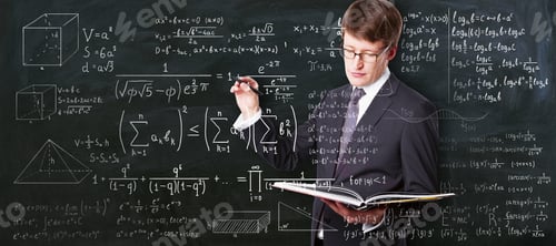 Preview: Higher Education Concept With Student Carrying Textbook And Writing On Glass Board Math Calculations