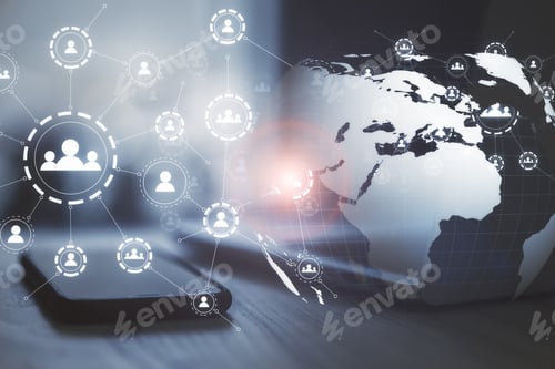 Preview: Social Communications Concept With Digital Screen With Media Signs Of Person Connected By Lines And