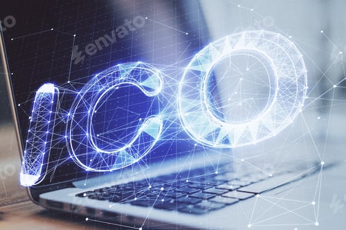 Preview: Laptop Computer With Creative Glowing Polygonal Ico Hologram On Blurry Background. Initial Coin