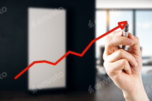 Preview: Hand Drawing Upward Red Economic Arrow On Blurry Office Interior Background. Growth And Increase