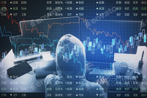 Preview: Hacker Using Computers With Business Chart And Financial Analytics Hologram. Hacking And Cyber