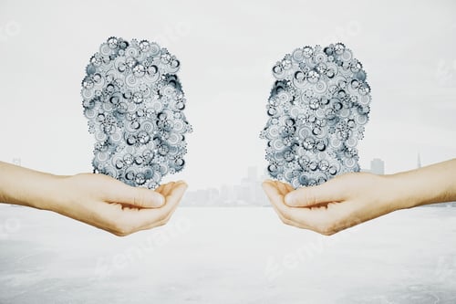 Preview: Hands Holding Abstract Lung Shaped Gears On Light City Background. Industry Concept