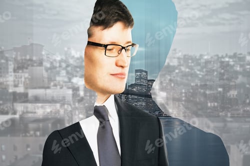 Preview: Abstract Side Portrait Of Handsome Young Businessman On City Background. Success Concept. Double