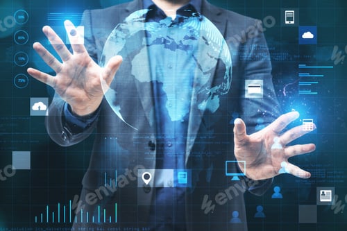 Preview: Businessman Using Abstract Creative Glowing Globe Hologram Grid Interface On Blurry Background