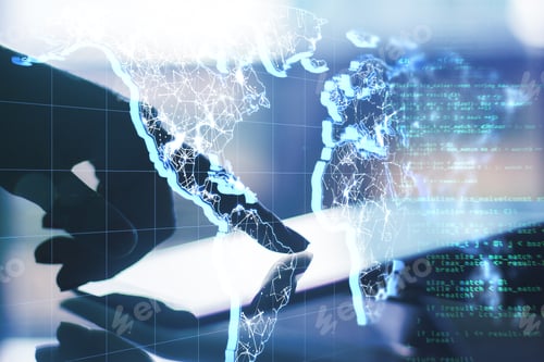 Preview: Big Data Technologies Concept With World Map And Programming Code Hologram On Human Finger On