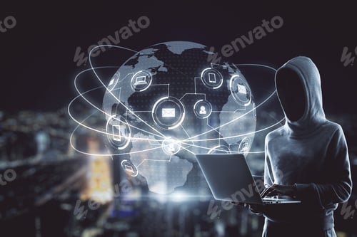 Preview: Hacker Using Laptop With Glowing Social Network Interface. Communication And Malware Concept
