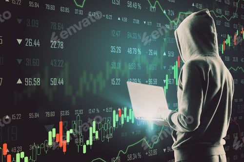 Preview: Hacker In Hoodie Using Laptop With Glowing Forex Chart. Virus Attack And Economy Concept