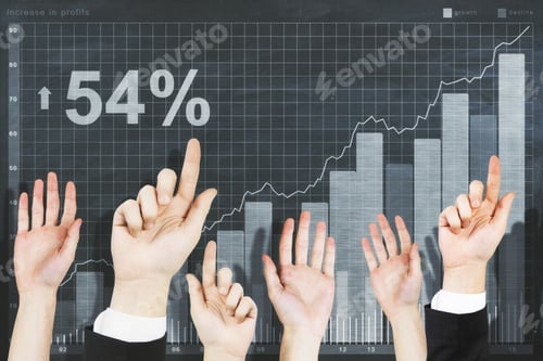Preview: Row Of Waving Hands On Abstract Chalkboard Background With Drawn Business Chart. Finance Concept