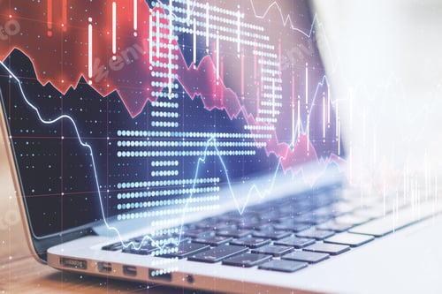 Preview: Workplace With Laptop, Ruble Symbol And Forex Chart. Trade And Finance Concept. Close Up