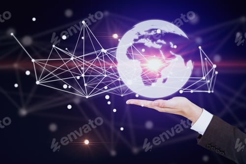 Preview: Hand Holding Abstract Illuminated Globe With Connections. Global Business And Technologies Concept