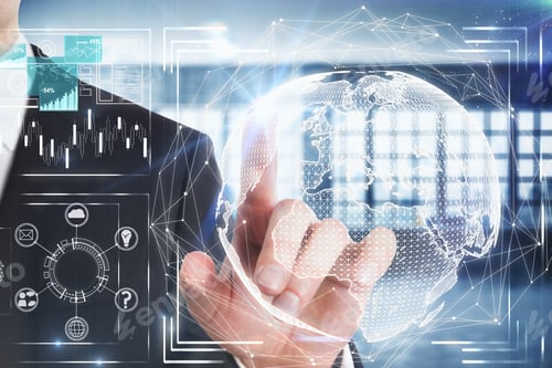 Preview: Businessman Pointing At Digital Business Interface With Globe On Blurry Background. Global Business