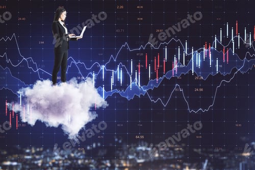Preview: Abstract Image Of Businesswoman On Cloud Using Laptop On Blurry Night City Background With Forex