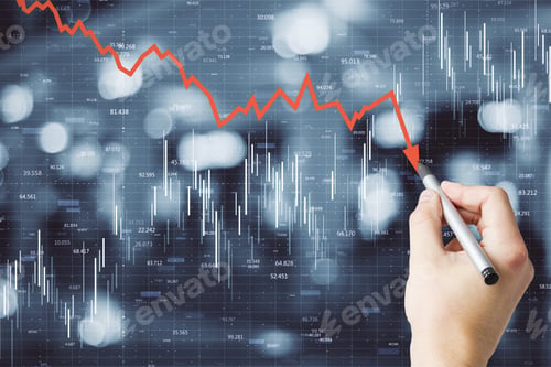 Preview: Hand Drawing Downward Red Arrow On Blurry City Background. Decrease, Growth And Economy Concept