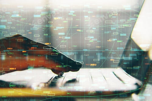 Preview: Close Up Of Hands Using Laptop Computer With Forex Chart On Blurry Background. Market And Economy